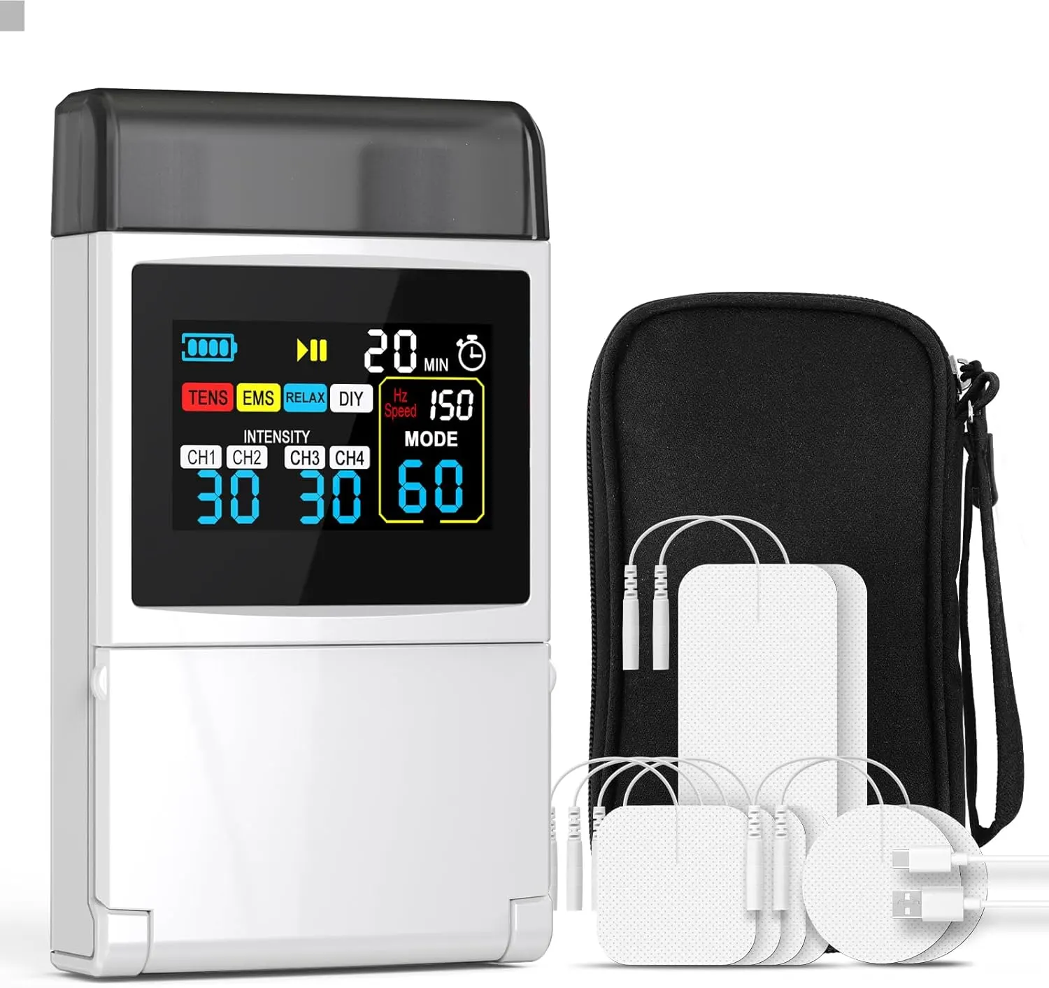 NexMedio TENS EMS muscle stimulator with electrode pads and accessories